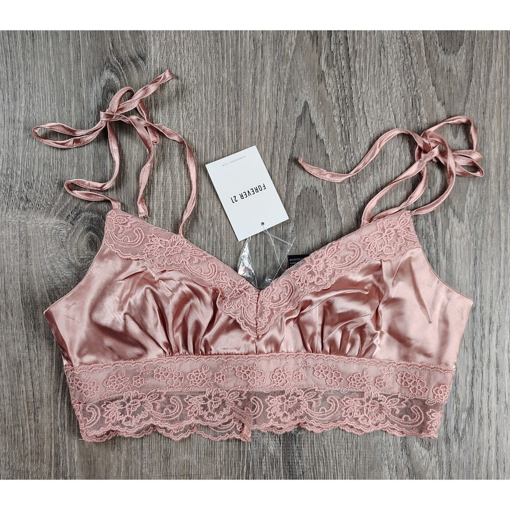 Forever 21 Satin S Lace Bralette Pink Longline‎ Tie Strap Crop Lingerie NEW